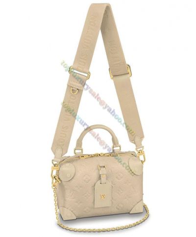 Louis Vuitton Petite Malle Souple Monogram Embossed Single Top Handle Double Zipper White Leather Women Chain Handbag M45394