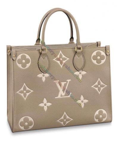  Louis Vuitton Onthego MM Bicolor Monogram Empreinte Leather Female Chic Creme Tote Bag  M45494