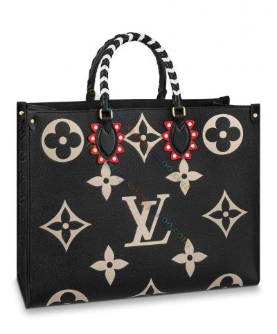  Louis Vuitton Onthego MM Monogram Pattern Black Cowhide Braided Leather Handles Women Tote Bag 