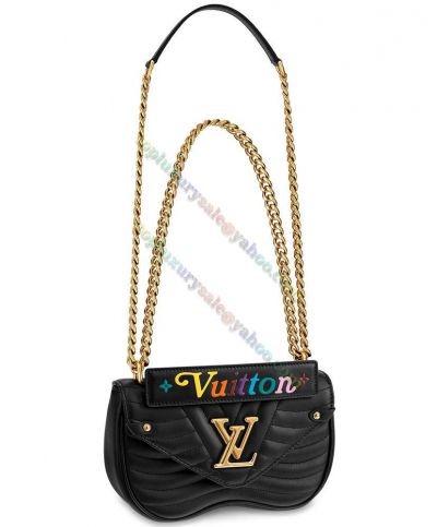  Louis Vuitton New Wave PM Brass Chain Strap Colorful Logo Pattern Handle Female Black Leather Handbag UK