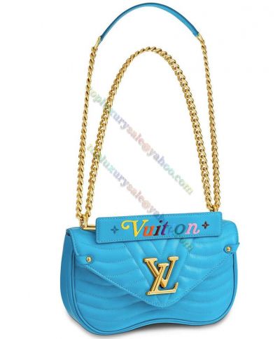  Louis Vuitton New Wave Sky Blue Wavy Pattern Yellow Gold Chain Strap & Logo Buckle Female Flap Handbag For Ladies