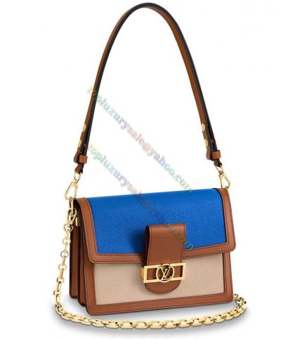 Hot Selling Louis Vuitton Dauphine Mini Blue & Coffee Taurillon Leather Women Hexagonal-link Chain Crossbody Bag Online 