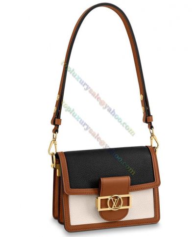 Louis Vuitton Dauphine Mini Golden LV Magnetic Lock Brown Trimming Women Black & White Leather Patchwork Flap Crossbody Bag