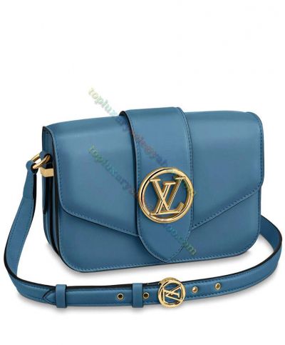  Louis Vuitton LV Pont 9 Golden Monogram LV Circle Buckle Slim Belt Female Blue Smooth Leather Crossbody Bag M55947