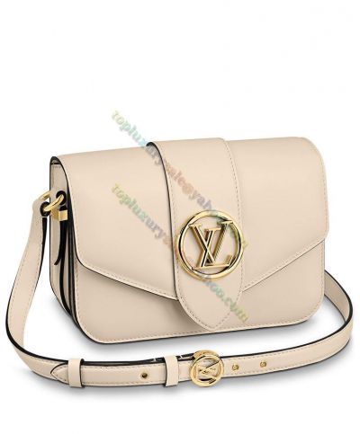 Louis Vuitton LV Pont 9 M55950 Golden Carved LV Circle Buckle Women Cream Calfskin Leather Flap Crossbody Bag 