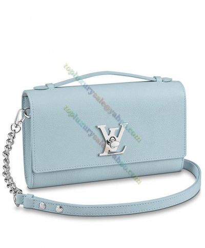 Louis Vuitton Lockme Clutch M56136 Single Flat Handle Silver LV Turn Lock Female Light Blue Chain Bag 2022 Price 
