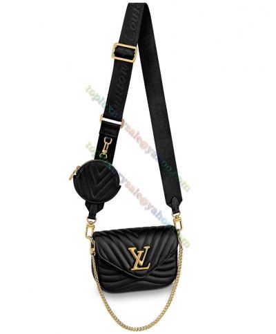Louis Vuitton New Wave Multi-Pochette Round Coin Purse Brass LV Signature Female Latest Black Flap Bag