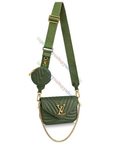 Louis Vuitton New Wave Green Leather Quilted Pattern Wide Fabric Shoulder Strap Women LV Signature Multi-Pochette Chain Bag