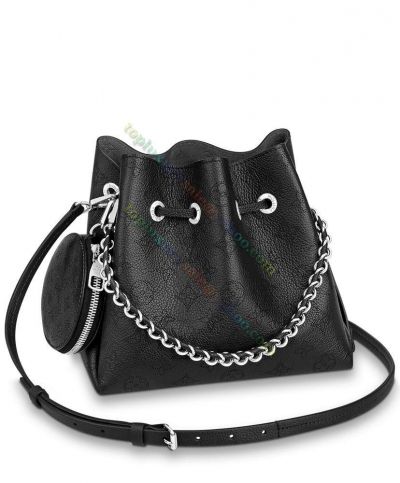 Louis Vuitton Bella Monogram Motif  Black Perforated Mahina Leather Link Handle Drawstring Bucket Bag For Ladies M57070