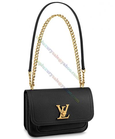 Louis Vuitton Lockme PM LV Turn Lock Brass Chain Handbag Women Black Cowhide Leather Crossbody Bag M57073