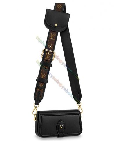 Louis Vuitton Women's Officier Black Smooth Leather Monogram Pattern Brown Wide Shoulder Strap LV Magnetic 2022 Best Crossbody Bag