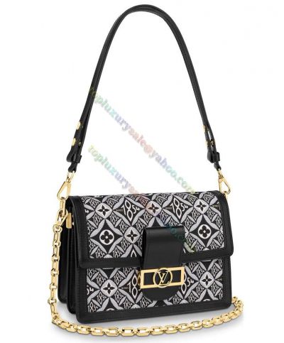  Louis Vuitton Female Monogram Jacquard Dauphine MM LV Lock Black Leather Gold Chain Strap Cossbody Bag