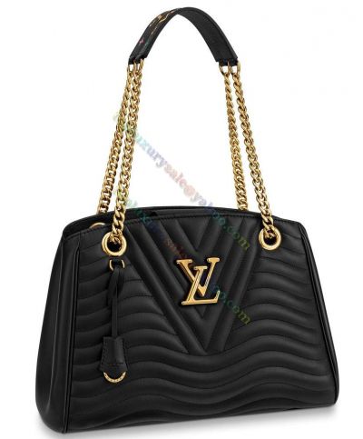  Louis Vuitton New Wave Double Chain Shoulder Strap Brass LV Signature Female Black Quilted Leather Handbag 