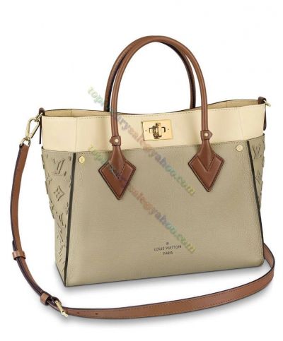 Fashion Louis Vuitton On My Side Monogram Embossed Detail Coffee Handles Grey & Beige Cowhide Leather Tote Bag For Ladies M53825