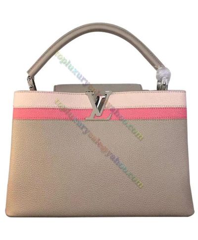 Louis Vuitton Capucine GM LV Detail Pink & Cream Bi-color Striped Trimming Women Grey Gained Leather High End Tote Bag