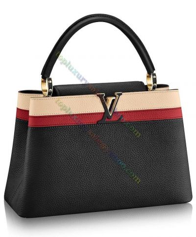  Louis Vuitton Capucine GM Monogram Flower Flap LV Signature Cream & Red Striped Bands Female Black Crossbody Bag