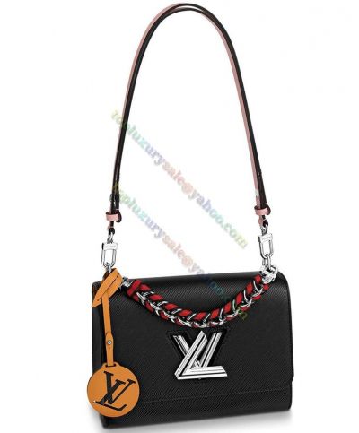  Louis Vuitton Twist MM Silver LV Lock Braided Top Handle Black Epi Leather Chic Design Women's Shoulder Bag