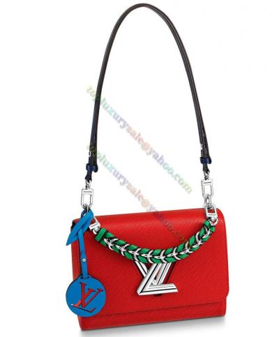  Louis Vuitton Twist MM Leather & Chain Handle Silver LV Motif Female Flap Red Epi Leather Crossbody Bag 