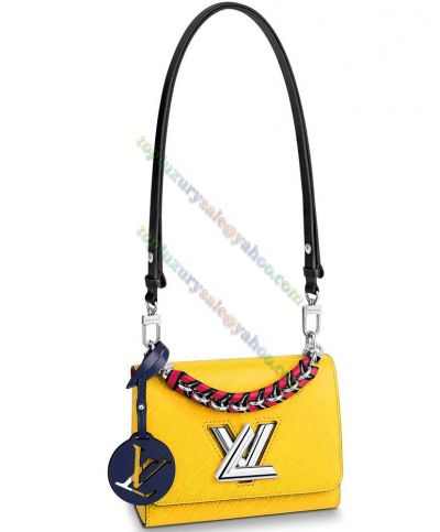 Copy Louis Vuitton Twist MM Yellow Epi Leather Leather & Chain Braided Handle Women Flap Summer Fashion Crossbody Bag