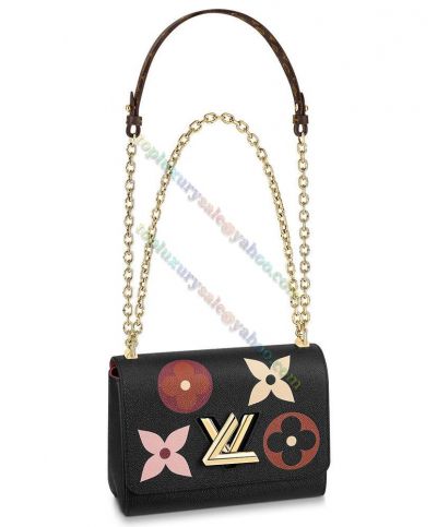 Clone Louis Vuitton Twist MM Monogram Pattern LV Lock Women's Black Grained Leather Best Quality Flap Crossbody Bag M57057 
