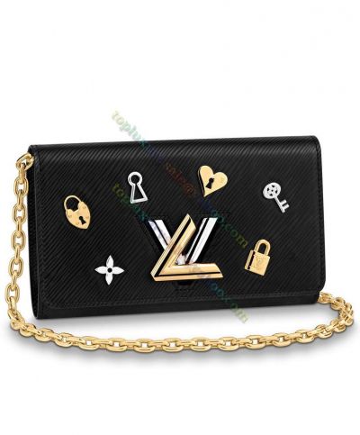 Louis Vuitton Twist Two-tone LV Lock Key/Flower/Heart Trimming Female  Black Epi Leather 2022 Best Flap Chain Wallet