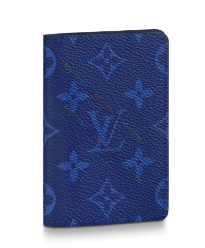 Louis Vuitton Pocket Organiser Monogram Coated Blue Canvas & Grained Leather Patchwork Men's Classic Long Wallet
