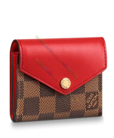  Louis Vuitton Zoe Damier Coated Brown Canvas Red Leather Flap Women Short Wallet For Sale W10 X H8 CM