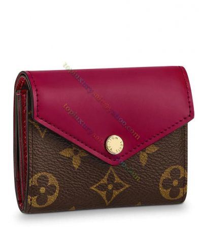 Copy Louis Vuitton Zoe Fuchsia Leather Monogram Coated Celebrity Same Brown Canvas Female Patchwork Flap Wallet