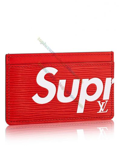  Louis Vuitton X Supreme Unisex Lv Monogram Red Epi Leather White Double Compartment Hot Selling Card Holder