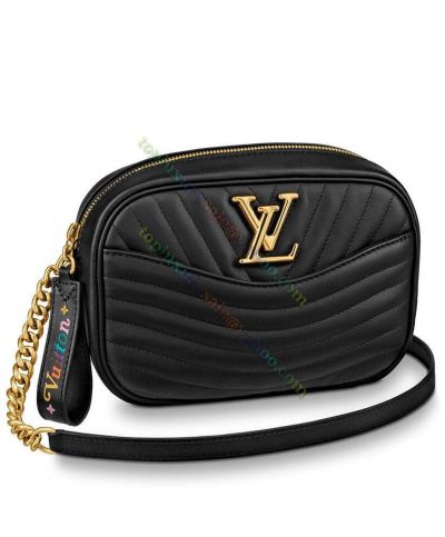 Louis Vuitton New Wave Brass LV Signature Zipper Closure Women Black Quilted Leather Low Price Camera Bag M58677