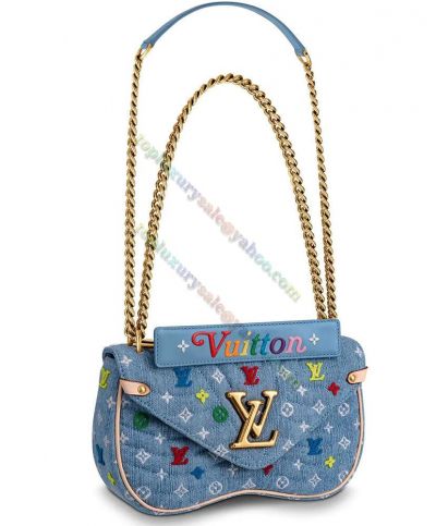  Louis Vuitton New Wave Monogram Pattern Blue Denim Brass Chain LV Gold Logo Women High Quality Handbag 