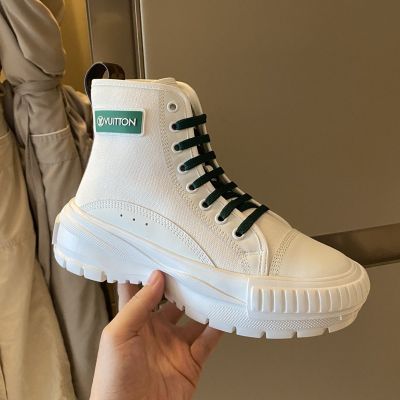 Clone Louis Vuitton Squad Thick Platform White Canvas & Leather Green Shoelace Brown Monogram Heel Strap Women's Sneakers