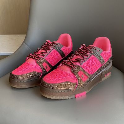Unisex Round Crystals Decorated Pink & Brown Suede Leather - Top  Louis Vuitton Trainer Sneaker