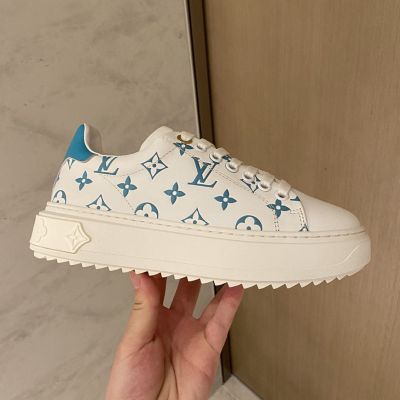  Louis Vuitton Time Out White Leather Embossed Blue Monogram Chunky Jagged Sole Street Style USA