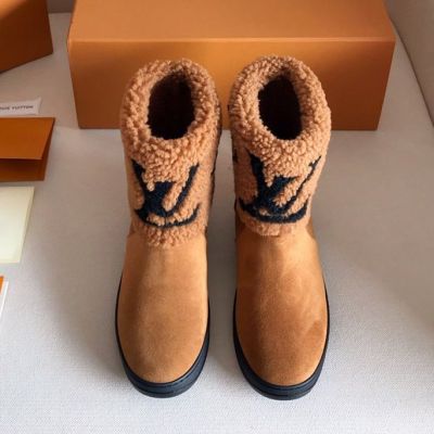 Ladies' Brown Suede Leather Black Monogram Motif Lambswool Collar - Copy Louis Vuitton Snowdrop Flat Ankle Boots Store