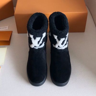 Female Black Suede Leather Shearling Collar Trimmed White Monogram Pattern - Latest  LV Snowdrop Ankle Boots