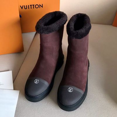 Winter Women's  LV Reddish Brown Suede Leather Lambswool Lining Silver Circle LV Label Hardware Ankle Boots