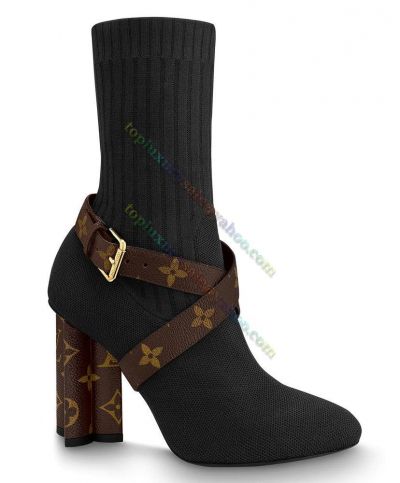 Fashionable LV Silhouette Black Stretch Fabric Brown Cross Canvas Bands Monogram Flower Shaped Women's High Heel Black Ankle Boots