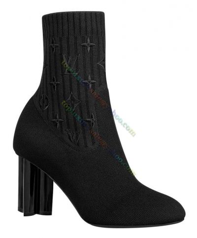  Louis Vuitton Silhouette Black Stretch Fabric Monogram Raised Pattern Monogram Flower Shape Heel Ankle Boot For Women 1A855G