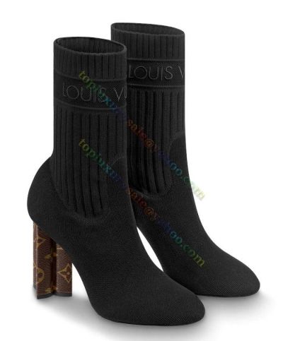 Hot Sale Louis Vuitton Silhouette Black Stretch Fabric Monogram Flower Shaped Heel LV Signature Embroidery Black Ankle Boots Online