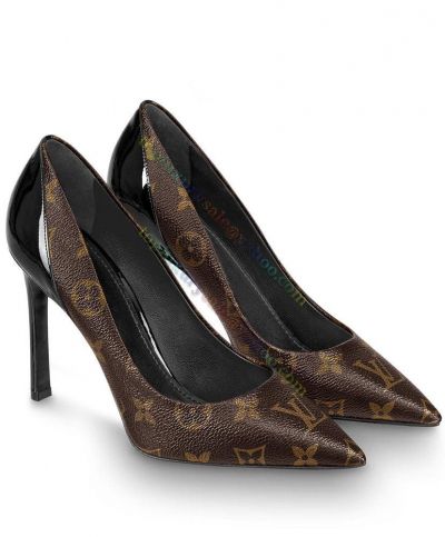 Louis Vuitton Cherie Pump Brown Monogram Canvas Black Patent Leather Calfskin Stiletto Pointed Toes  Shoes For Women Online 1A4W4B