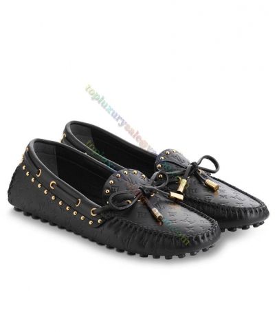  Louis Vuitton Female Gloria Loafer Patent Monogram Embossed Calf Leather Gold Studs Leather Bowknot Black Mocassin Shoes 