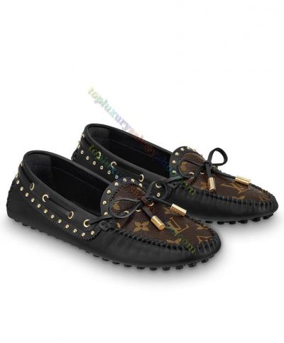 Louis Vuitton Gloria Studs Loafers Brown Monogram Coated Canvas&Black Calf Leather Lace-Up Mocassin Shoes Online Hot Sale