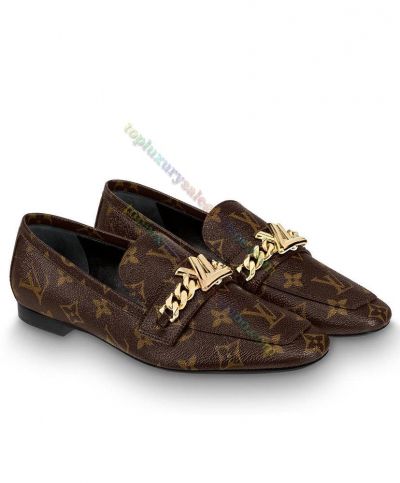  Chic Louis Vuitton Upper Case Golden Twist & Chain Ornament Patent Monogram Canvas Flat Loafers For Ladies Brown 1A4XDC
