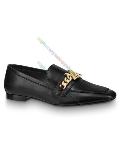  High End Louis Vuitton Black Calf Leather Golden LV Twist & Chain Design Female Square Toe Flat Loafers 1A4XE7 UK