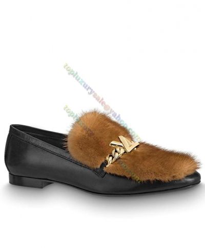 Online  Louis Vuitton Upper Case Black Calfskin Soft Mink Leather Gold LV Chain Logo Loafers For Women USA 1A5LK9