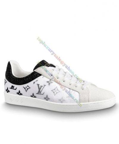 Latest Louis Vuitton Luxembourg Strass Design Monogram Leather Floral Pattern Black Collar White Sneakers