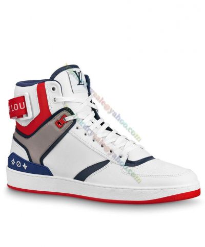 High End Louis Vuitton Rivoli White Calfskin Red&Gray Embellished Velcro High Top Lace Up Sneakers For Men