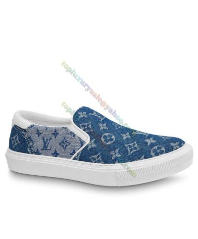 Lightweight  LV Trocadero Slip-On Sneakers Blue Monogram Denim White Leather Trim Shoes