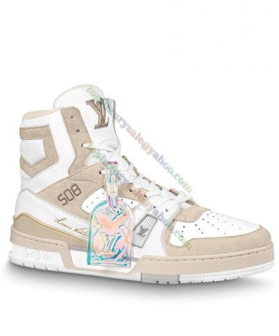 Top  Louis Vuitton Men's Trainer Iridescent Luggage Tag Embroidery 508 Detail White&Beige Sport Boot